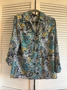 Elementz petite large shirt. Teal, Yellow & Navy Paisley Button-Down Blouse
